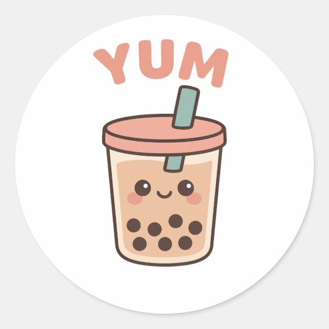 Adesivo Redondo Bonita Kawaii Boba Tea "Yum" Bubble Tea Sticker (Frente)