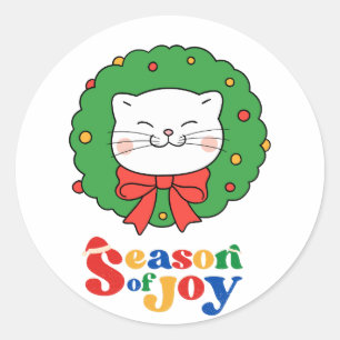 Adesivo Redondo Bonita Kawaii Cat Wreath Season of Joy