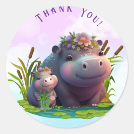 Adesivo Redondo Bonita Mãe e Bebê Hippo Obrigado Personalizado