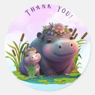 Adesivo Redondo Bonita Mãe e Bebê Hippo Obrigado Personalizado