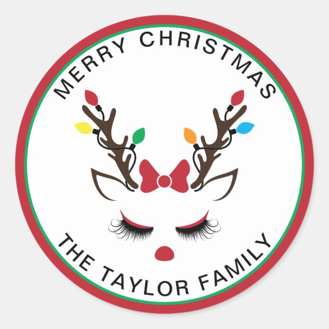 Adesivo Redondo Bonita Rapariga de Natal Rena Vermelha (Frente)