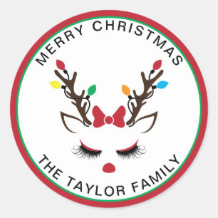 Adesivo Redondo Bonita Rapariga de Natal Rena Vermelha