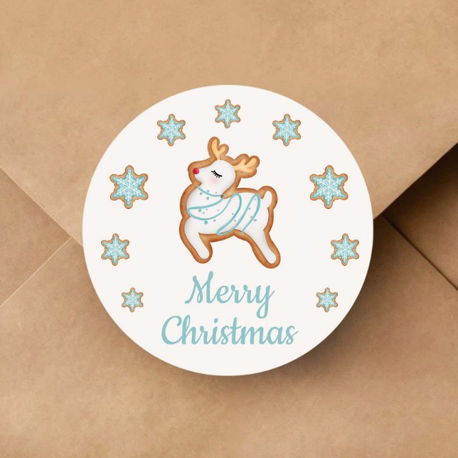 Adesivo Redondo Bonita Reindeer Feliz Natal (Cute Reindeer Merry Christmas Classic Round Sticker)
