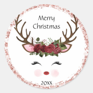 Adesivo Redondo Bonita Reindeer Red Floral de Natal