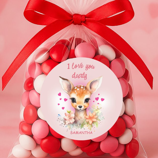 Adesivo Redondo Bonitinho Veado Te Ama Um Feliz Dia Dos Namorados ("I love you dearly" cute little deer Valentine's Day sticker)