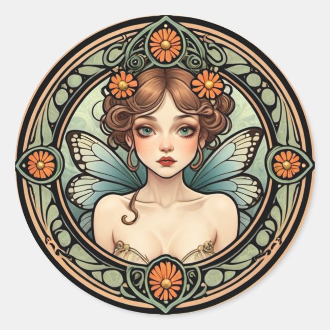 Adesivo Redondo Bonito Art Nouveau Fairy (Frente)
