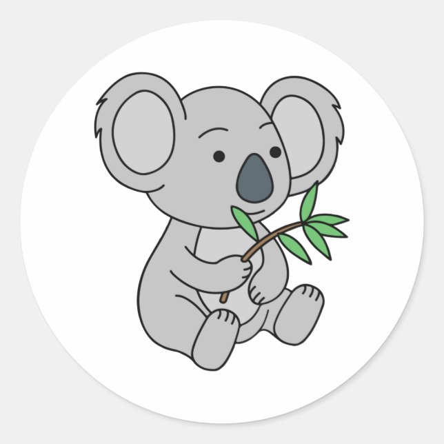 Adesivo Redondo Bonito Bebê Koala Com Folhas De Eucalyptus (Frente)