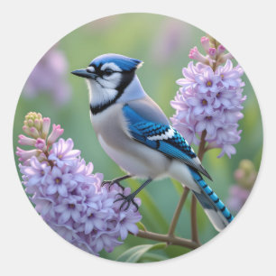 Adesivo Redondo Bonito Blue Jay em pé nas filiais do Lilac