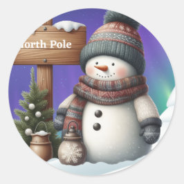 Adesivo Redondo Bonito boneco de neve no Polo Norte com luzes de n