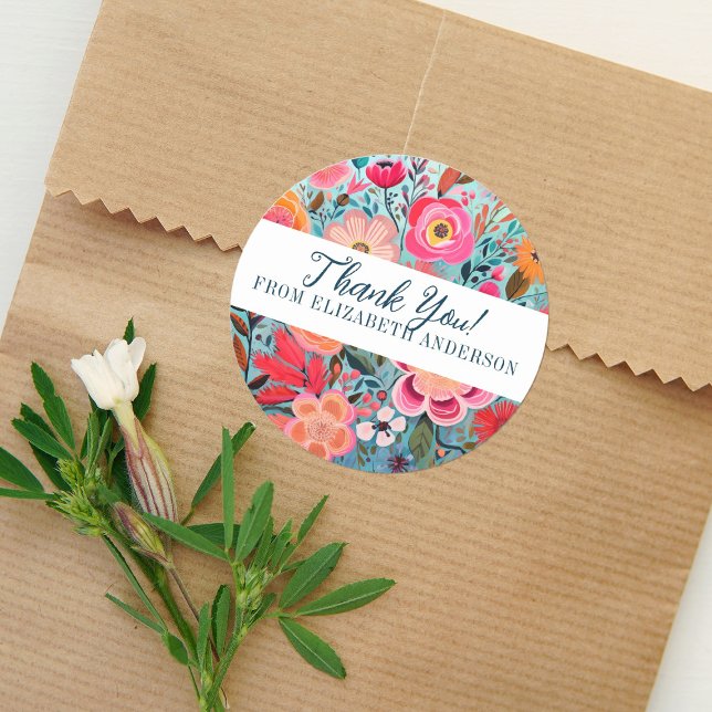 Adesivo Redondo Bonito Botânica Girly Floral Obrigado (A pretty colorful floral Thank you sticker. Great for finishing off a small gift.)