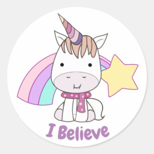 Adesivo Redondo Bonito Cartoon Baby Unicorn e Rainbow