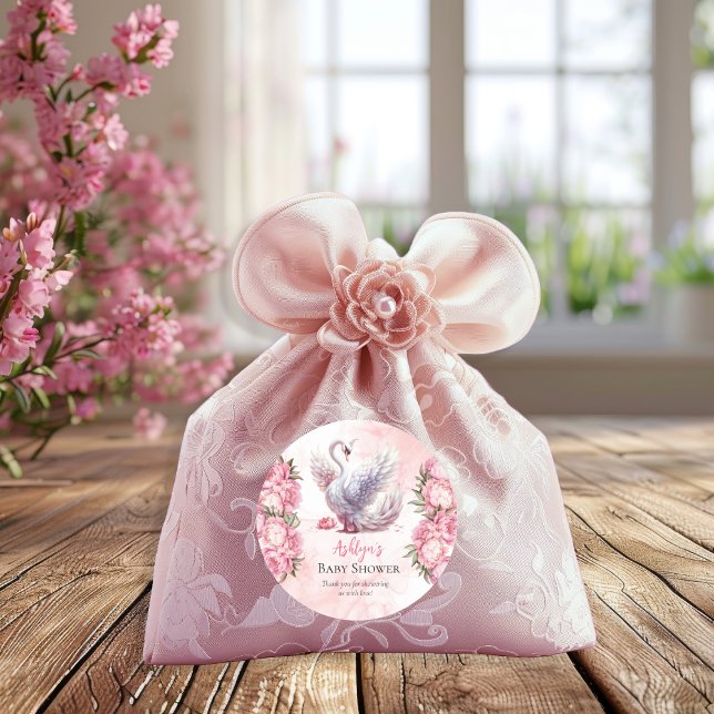 Adesivo Redondo Bonito Chá de fraldas De Rapariga Floral Rosa-Rosa (Beautiful Swan Pink Floral Peonies Girl Baby Shower Favor Round Sticker)