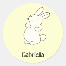 Adesivo Redondo Bonito coelho branco, nome personalizado amarelo