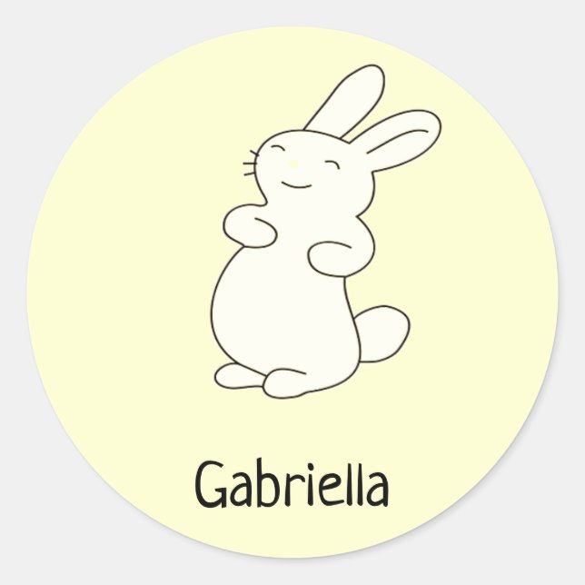 Adesivo Redondo Bonito coelho branco, nome personalizado amarelo (Frente)
