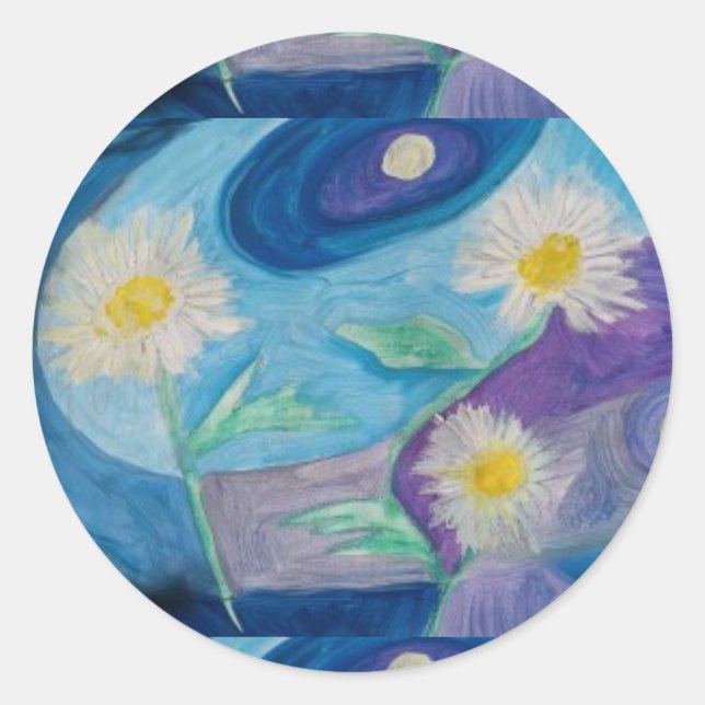 ADESIVO REDONDO BONITO DAISY STICKERS PELA ARTISTA PAULA REILLY. (Frente)