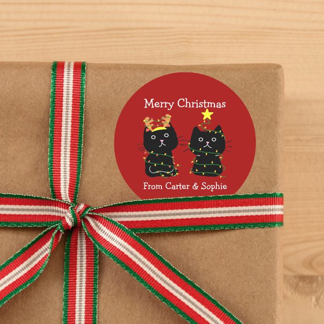 Adesivo Redondo Bonito Dois Gatos Luzes De Natal Personalizadas Pr (Criador carregado)