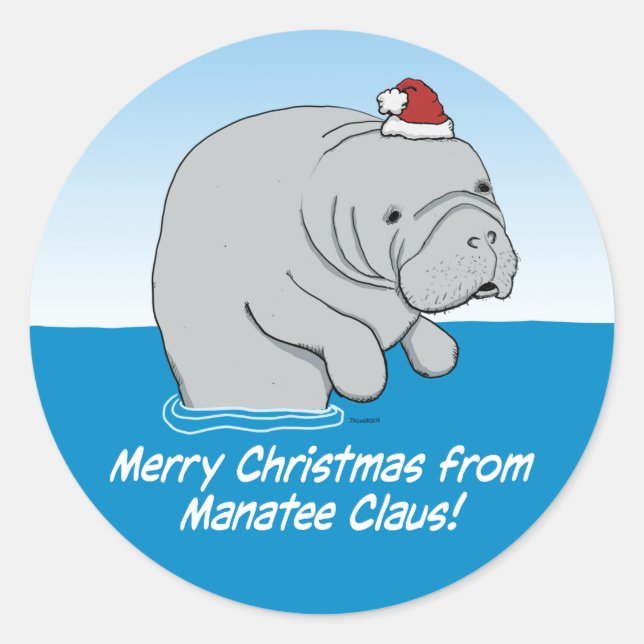 Adesivo Redondo Bonito e engraçado Manatee Claus (Frente)
