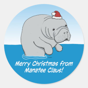 Adesivo Redondo Bonito e engraçado Manatee Claus