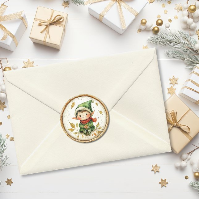 Adesivo Redondo Bonito Elfo de Natal em Cera Falsa (Cute Christmas Elf Faux Wax Classic Round Sticker)