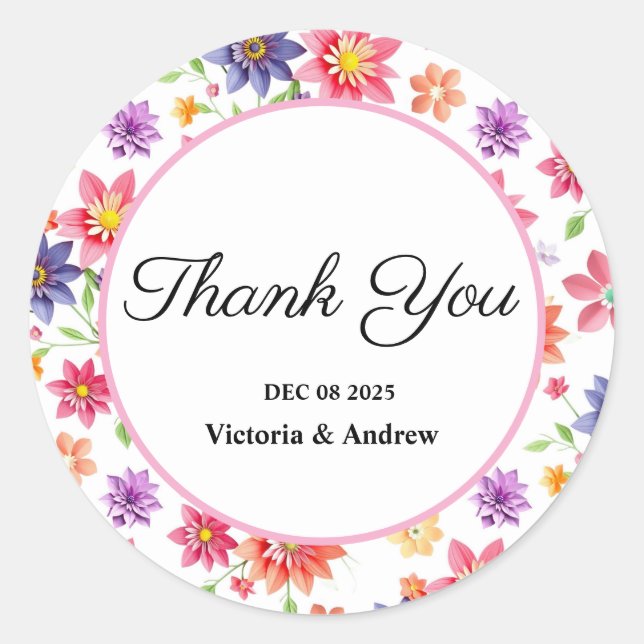 Adesivo Redondo Bonito Floral, Obrigado, Vinheiros (Frente)