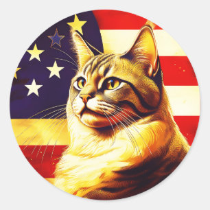 Adesivo Redondo Bonito Gato Com Pavilhão Americano