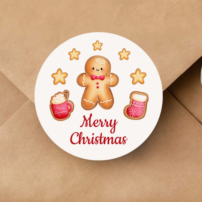 Adesivo Redondo Bonito Gingerpão Homem Feliz Natal (Cute Gingerbread Man Merry Christmas Classic Round Sticker)