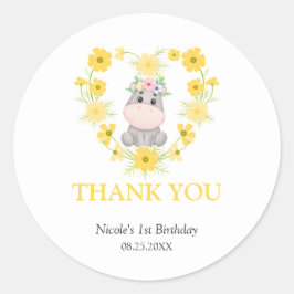 Adesivo Redondo Bonito Hippo Amarelo Flor Aniversário Obrigado