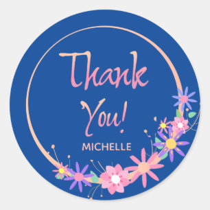 Adesivo Redondo Bonito moderno Floral Wreath Blue Personalizado Ob