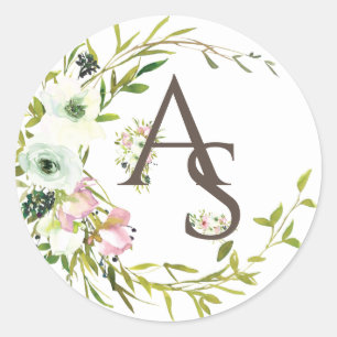 Adesivo Redondo Bonito monograma Escamudo e rosas brancas 