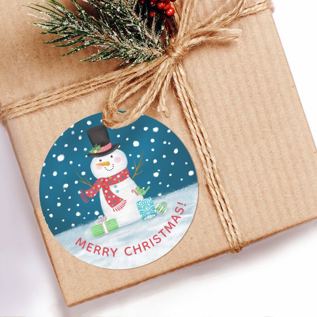 Adesivo Redondo Bonito Natal Inverno Snowman (A cute Christmas snowman sticker for decorating your holuday gifts.)