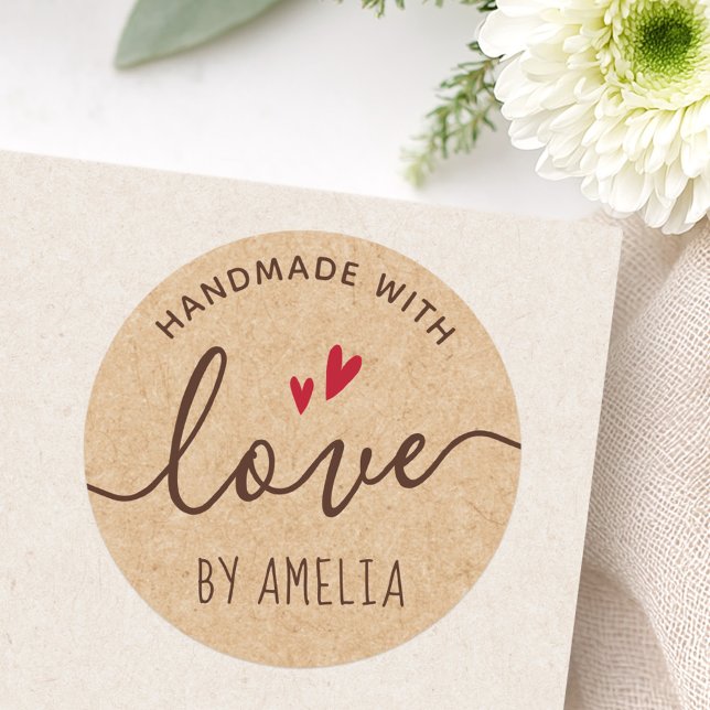 Adesivo Redondo Bonito nome personalizado Papel Kraft (Handmade with love custom name Kraft paper look Classic Round Sticker)