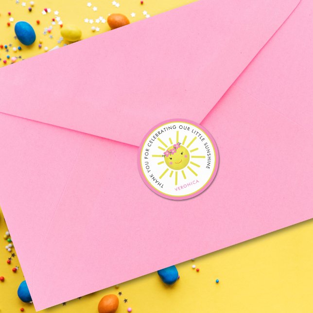 Adesivo Redondo Bonito Nosso Pequeno Aniversário De Sol Obrigado (Cute Our Little Sunshine Birthday Thank You sticker)
