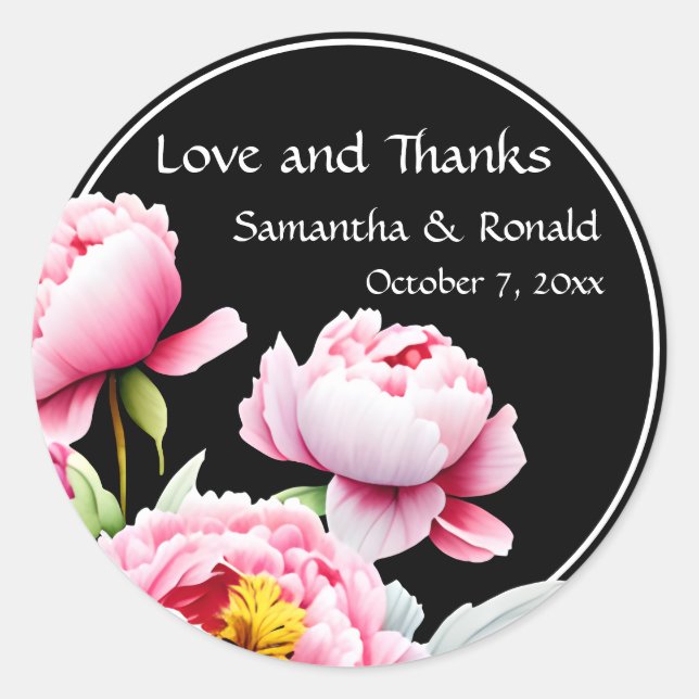 Adesivo Redondo Bonito Pêonias Rosa no Casamento Negro (Frente)