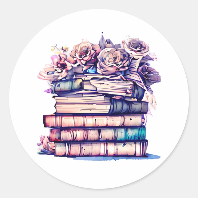 Adesivo Redondo Bonito pilha antiga de livros e Rosas de vinhetas (Frente)