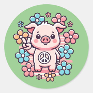 Adesivo Redondo Bonito Porco com Sinal de Paz e Flores Temidas de