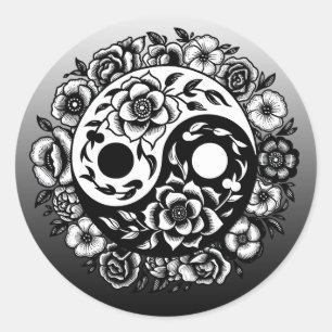 Adesivo Redondo Bonito Preto e Branco Floral Yin Yang