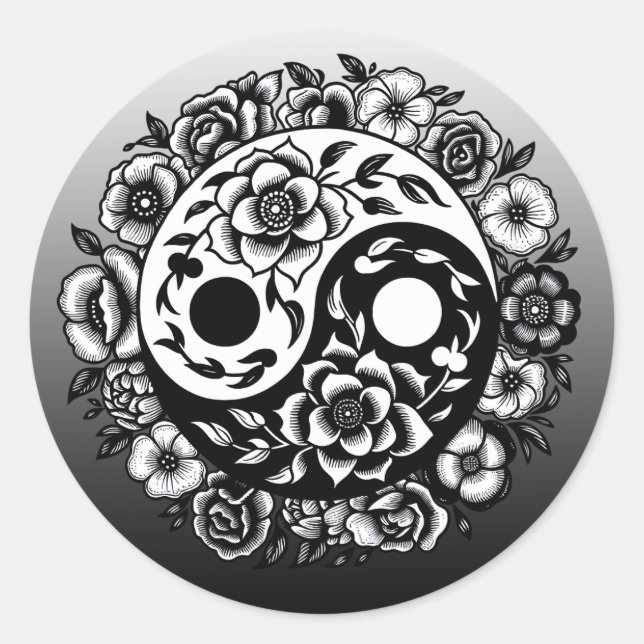 Adesivo Redondo Bonito Preto e Branco Floral Yin Yang (Frente)