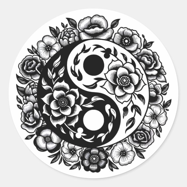 Adesivo Redondo Bonito Preto e Branco Floral Yin Yang (Frente)