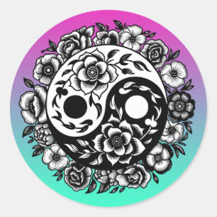 Adesivo Redondo Bonito Preto e Branco Floral Yin Yang