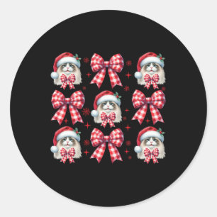 Adesivo Redondo Bonito Ragdolé Gato Xadrez Vermelho Arco Natal