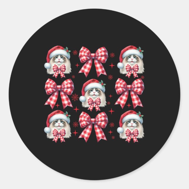Adesivo Redondo Bonito Ragdolé Gato Xadrez Vermelho Arco  Natal (Frente)