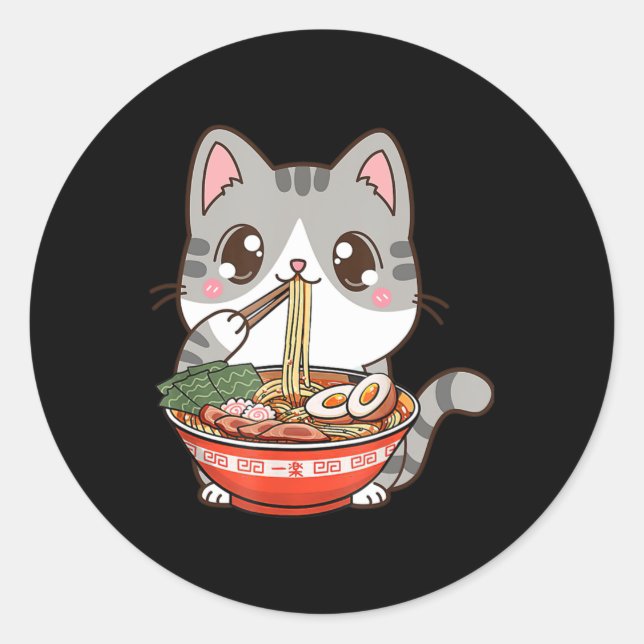 Adesivo Redondo Bonito Ramen Cat Kawaii Anime Comida Japonês Menin (Frente)