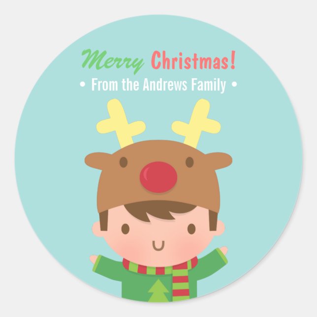 Adesivo Redondo Bonito Reindeer Boy de Natal Stickers (Frente)