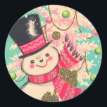 Adesivo Redondo Bonito Retro Christmas Snowman<br><div class="desc">Bonita Vintage Retrorna Pau Clássico De Neve.</div>