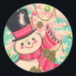 Adesivo Redondo Bonito Retro Christmas Snowman<br><div class="desc">Bonita Vintage Retrorna Pau Clássico De Neve.</div>