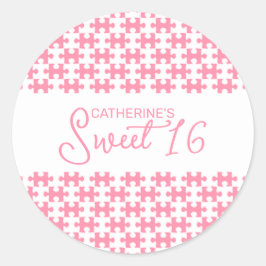 Adesivo Redondo Bonito, Rosa E Quebra-cabeça Branco, Cheio De Doce