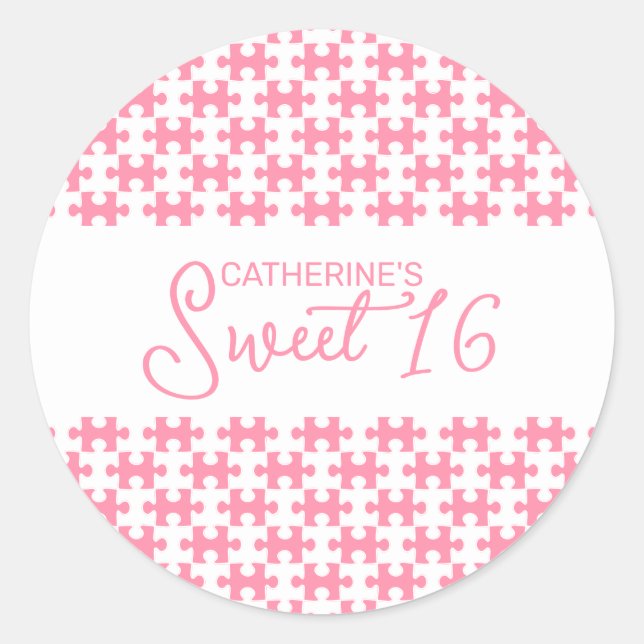 Adesivo Redondo Bonito, Rosa E Quebra-cabeça Branco, Cheio De Doce (Frente)