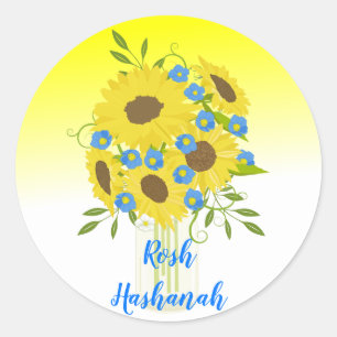 Adesivo Redondo Bonito Rosh Hashanah Sunflower Vase