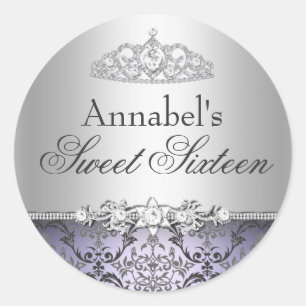 Adesivo Redondo Bonito Roxo e Silver Damask Sweet 16 Sticker
