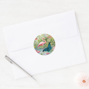 Adesivo Redondo Bonito selos de envelopes Flamingo e Borboleta